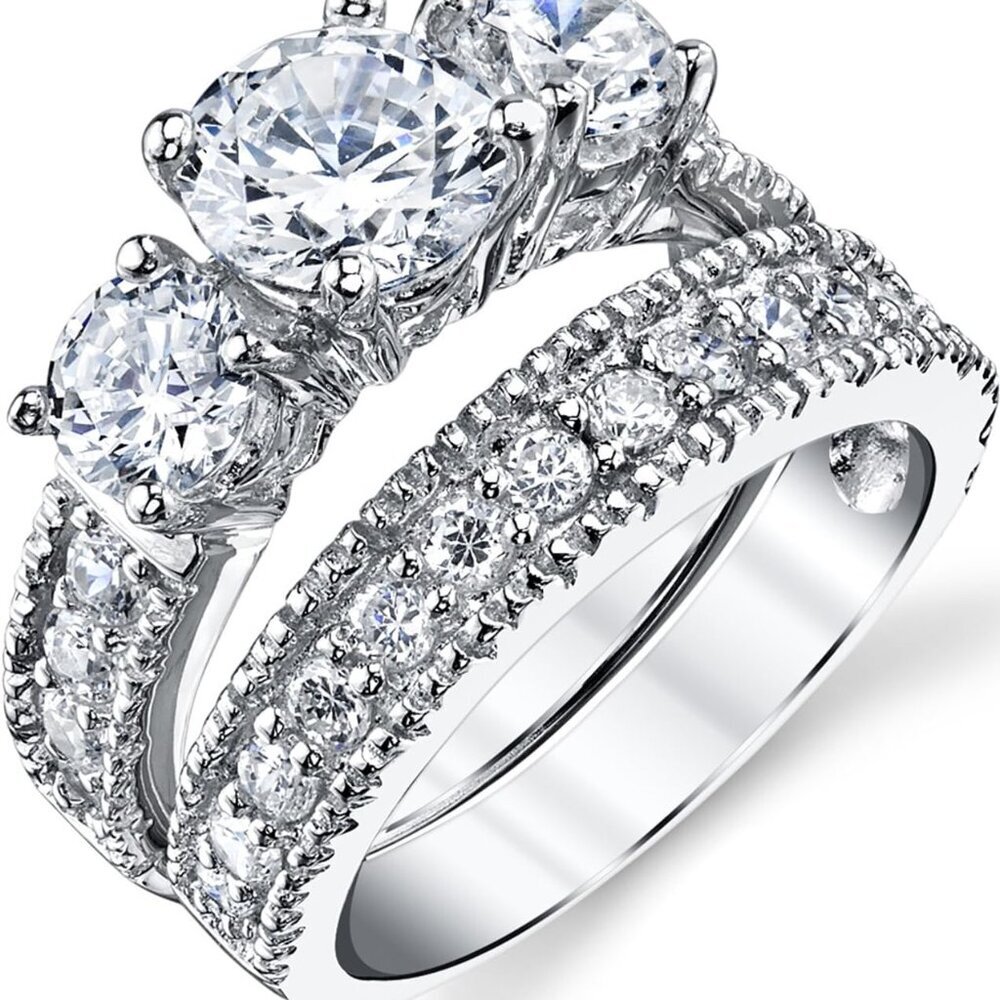Sterling Silver Bridal Ring Set 3.4 Carats Cubic Zirconia Engagement Wedding Ban